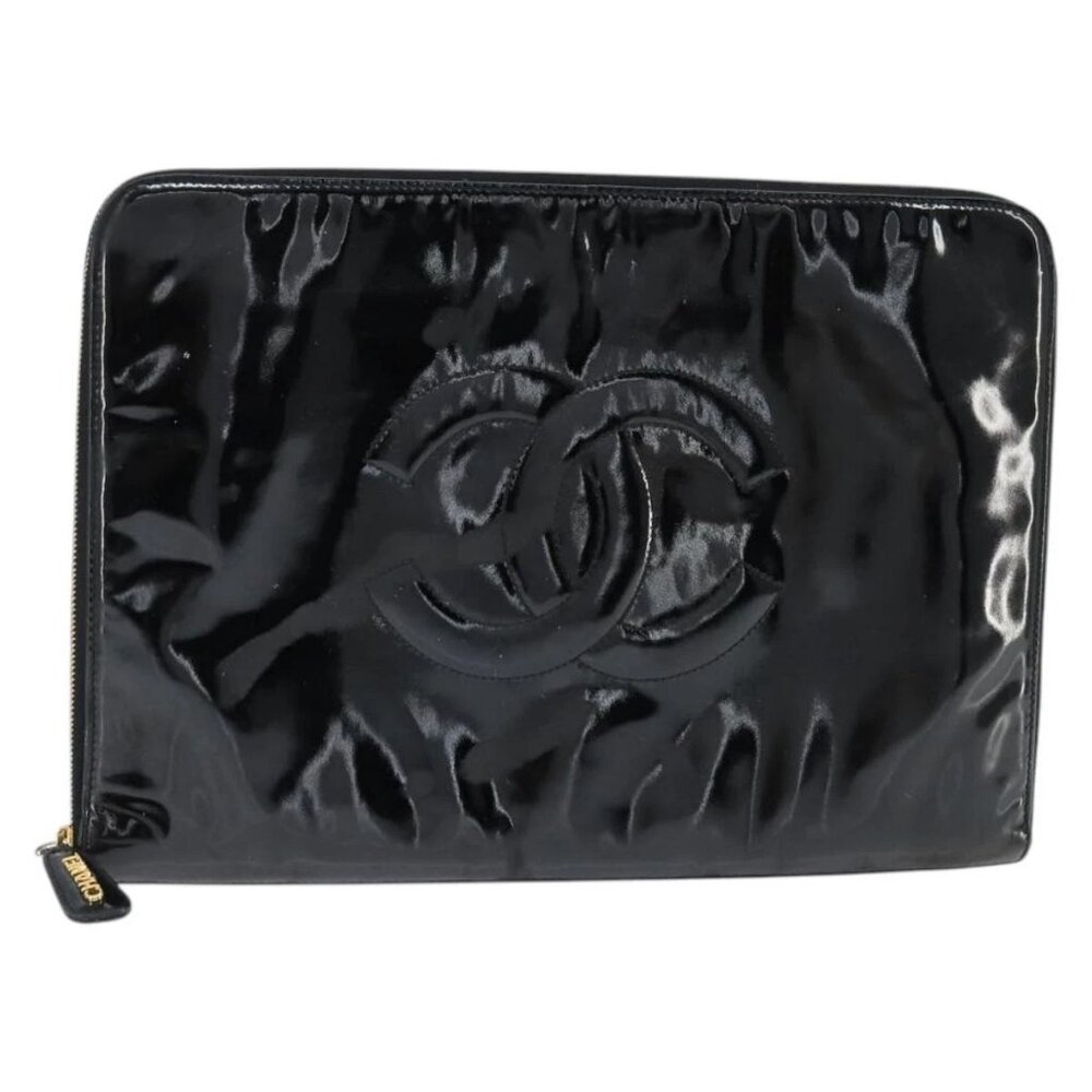CHANEL Briefcase Patent leather Black Gold CC